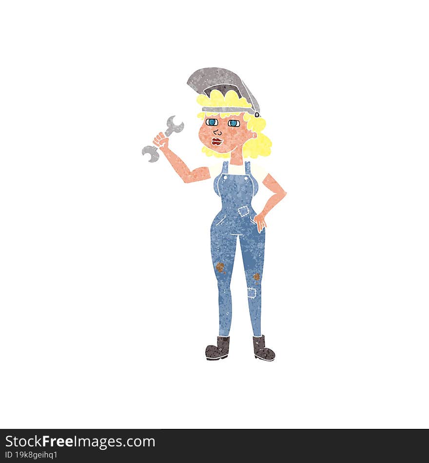 freehand retro cartoon woman with spanner