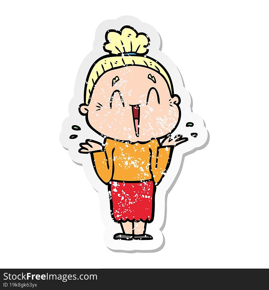 distressed sticker of a cartoon happy old lady