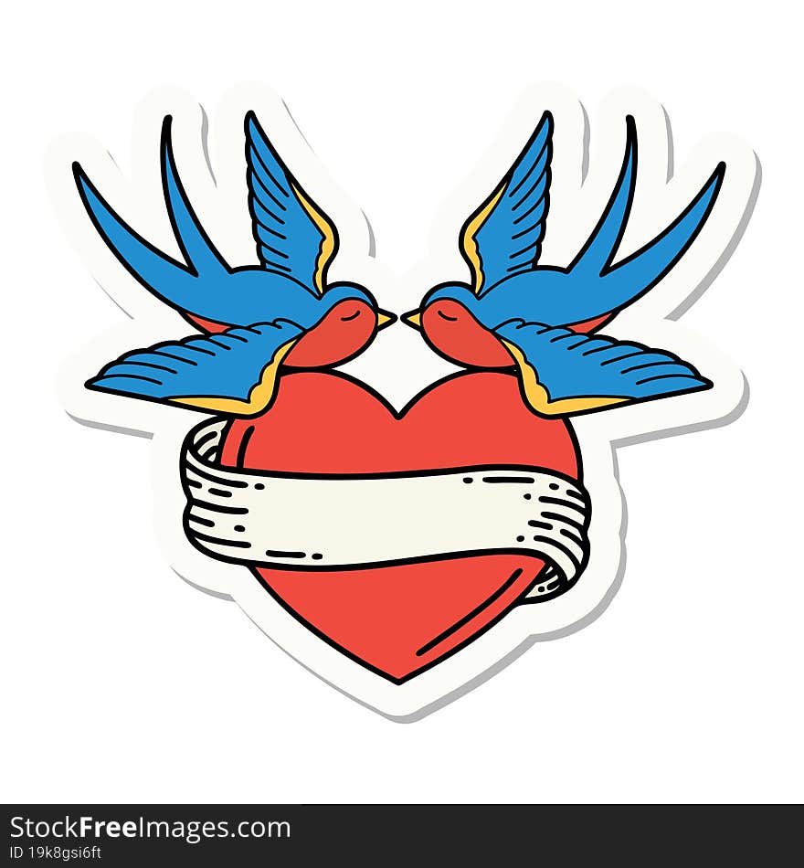 sticker of tattoo in traditional style of swallows and a heart with banner. sticker of tattoo in traditional style of swallows and a heart with banner