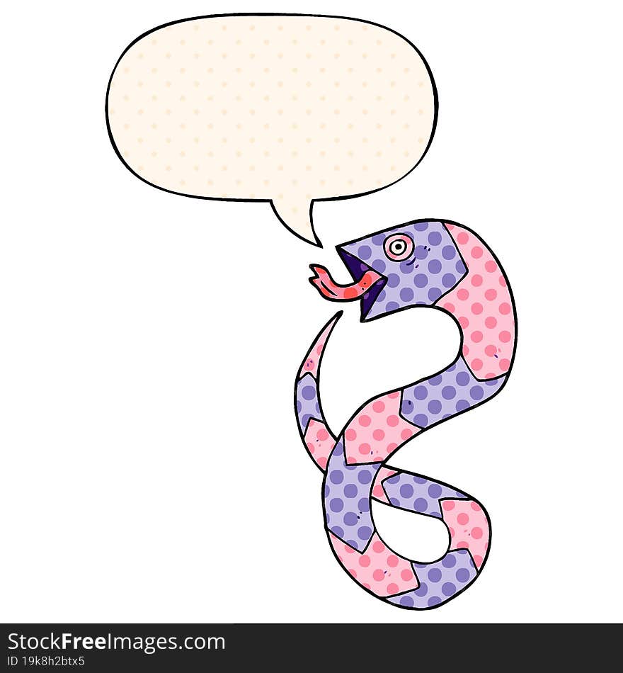 hissing cartoon snake and speech bubble in comic book style