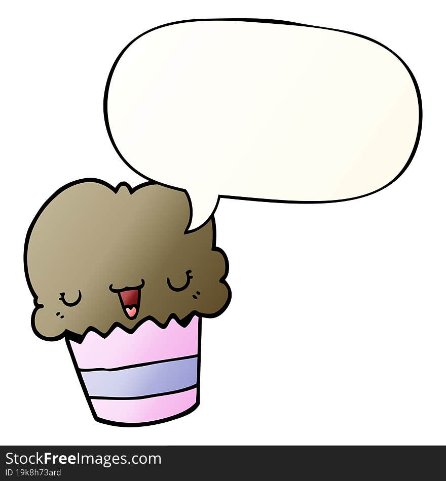 cartoon cupcake with face with speech bubble in smooth gradient style. cartoon cupcake with face with speech bubble in smooth gradient style