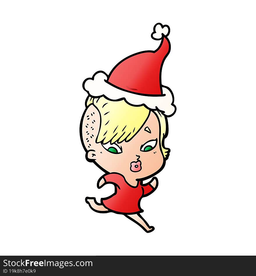 gradient cartoon of a surprised girl wearing santa hat