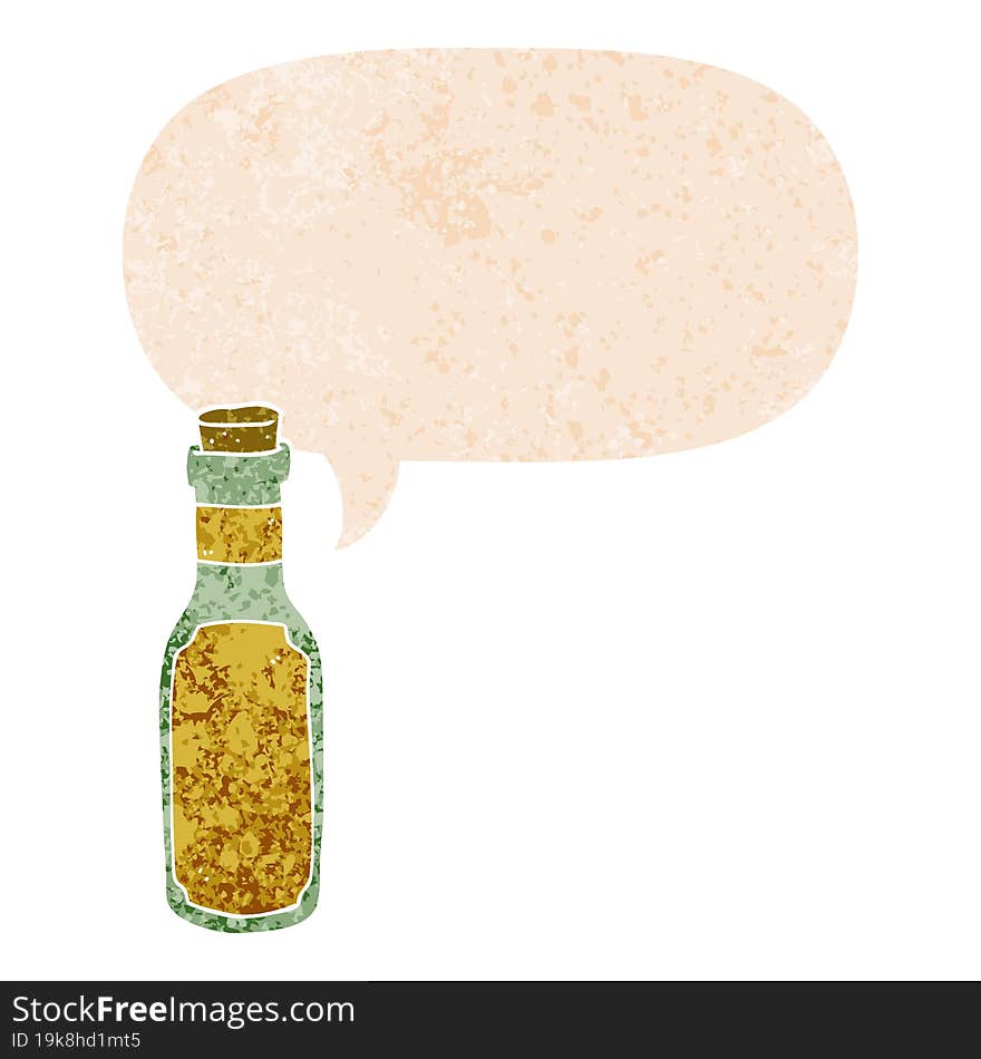 Cartoon Potion Bottle And Speech Bubble In Retro Textured Style