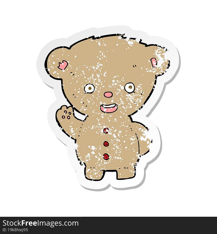 retro distressed sticker of a cartoon teddy bear waving