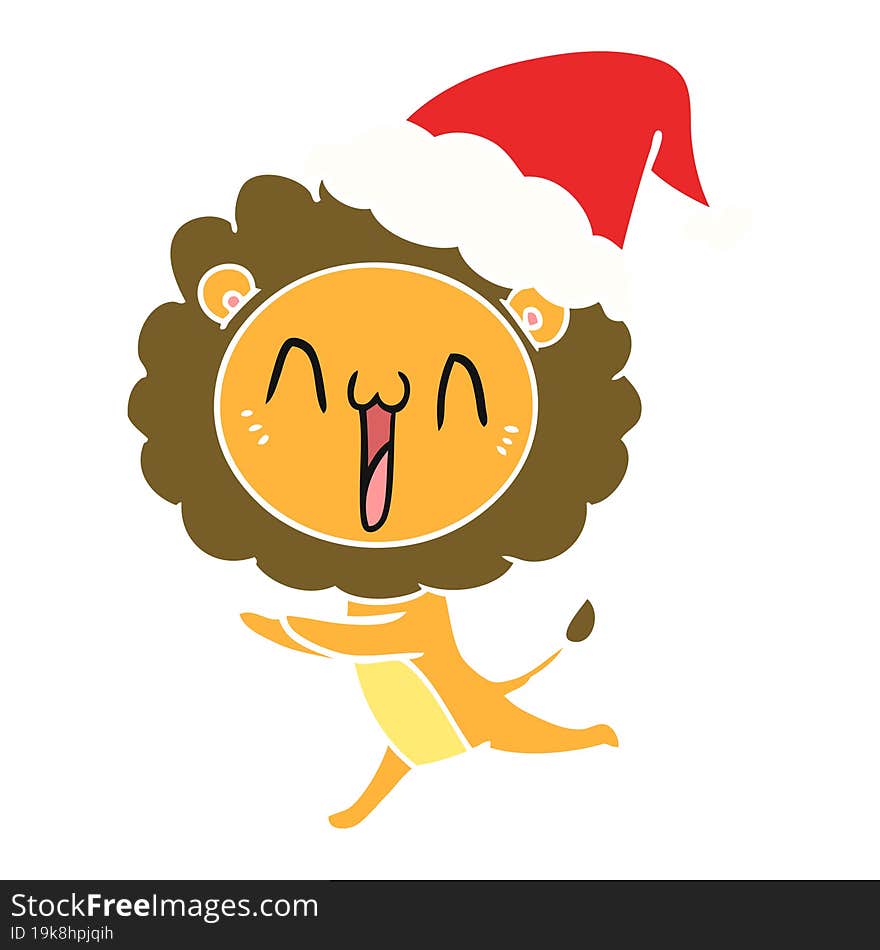 happy hand drawn flat color illustration of a lion wearing santa hat. happy hand drawn flat color illustration of a lion wearing santa hat