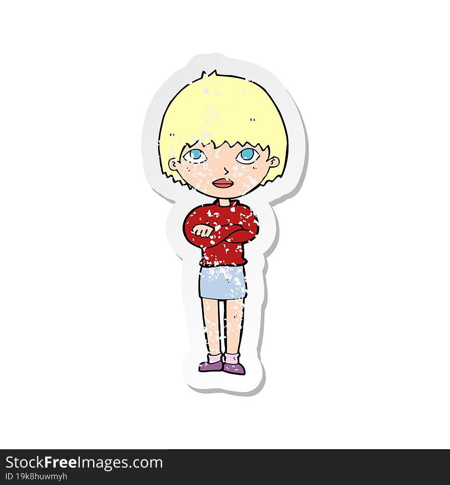 retro distressed sticker of a cartoon woman with crossed arms