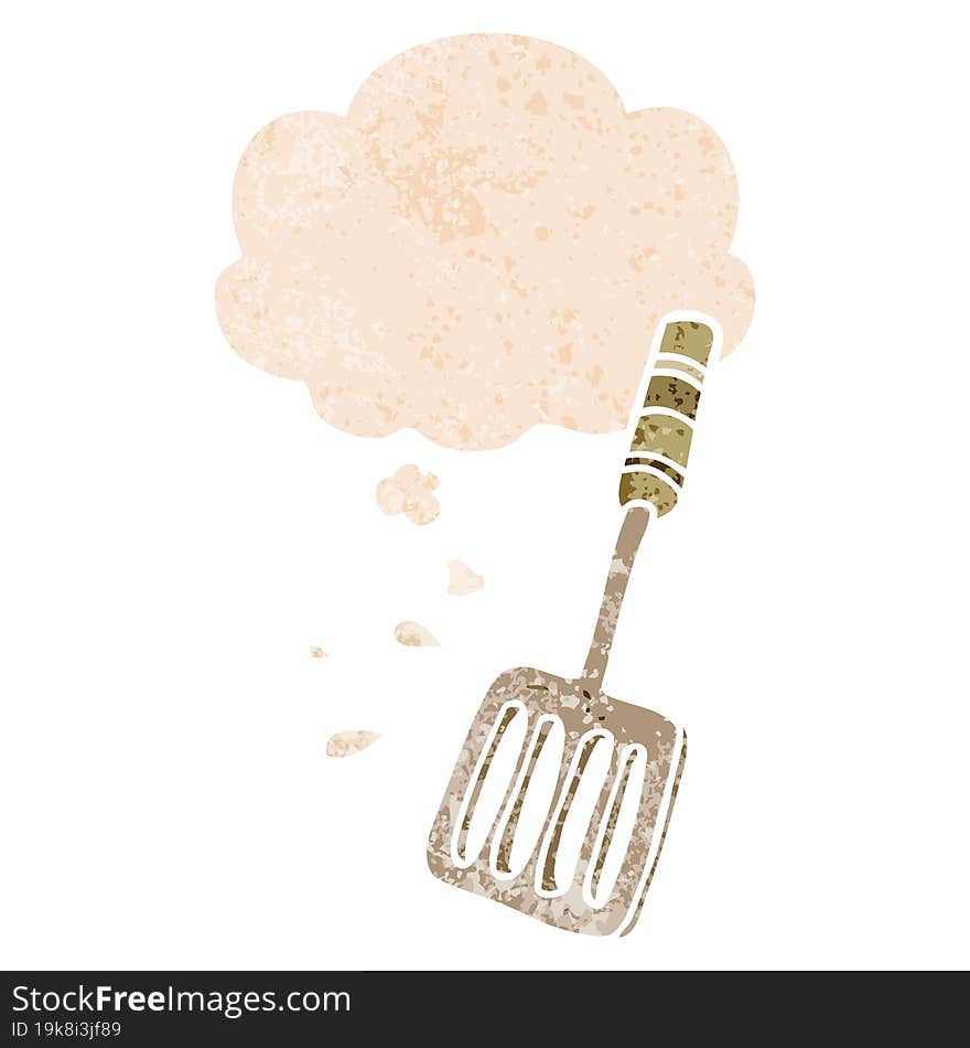 cartoon kitchen spatula and thought bubble in retro textured style