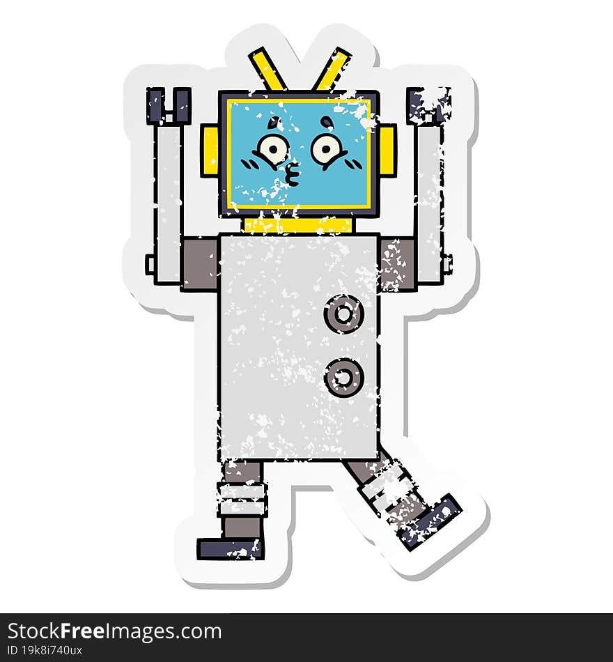 Distressed Sticker Of A Cute Cartoon Robot