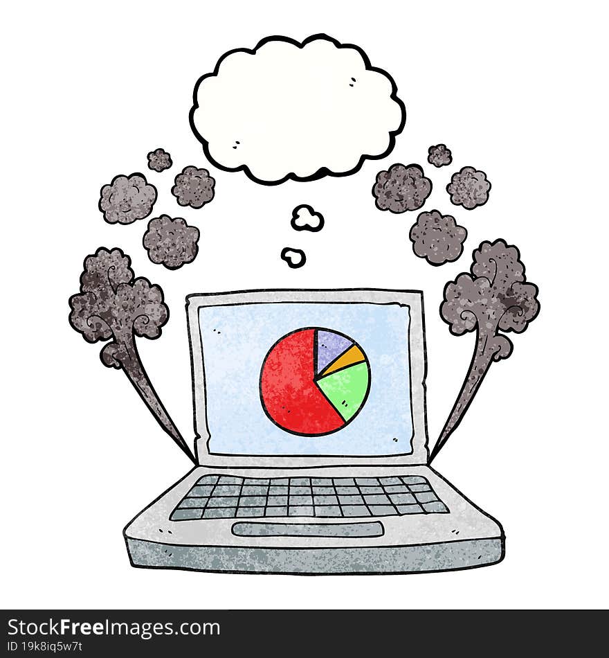 freehand drawn thought bubble textured cartoon laptop computer with pie chart