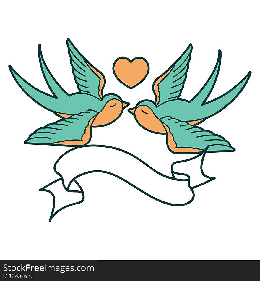 tattoo with banner of a swallows and a heart