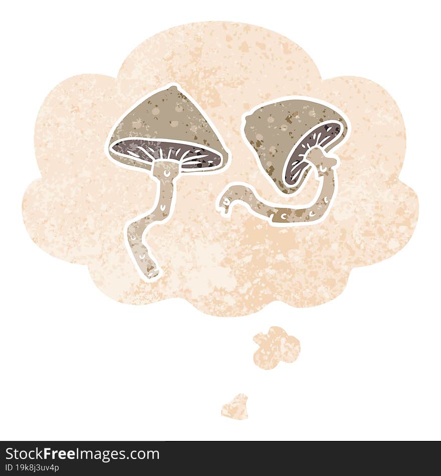 cartoon mushrooms and thought bubble in retro textured style