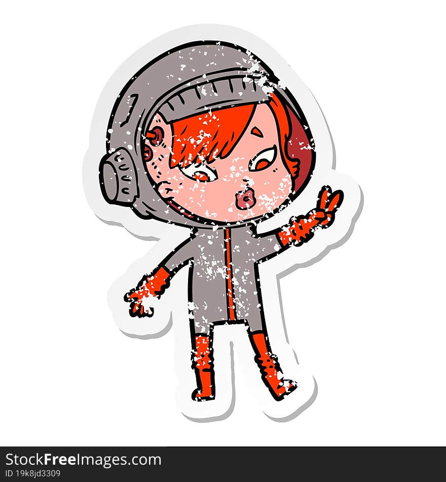 distressed sticker of a cartoon astronaut woman