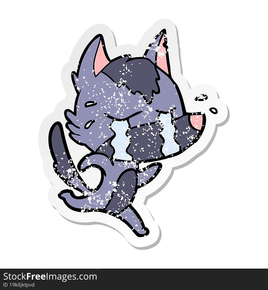 distressed sticker of a cartoon crying wolf