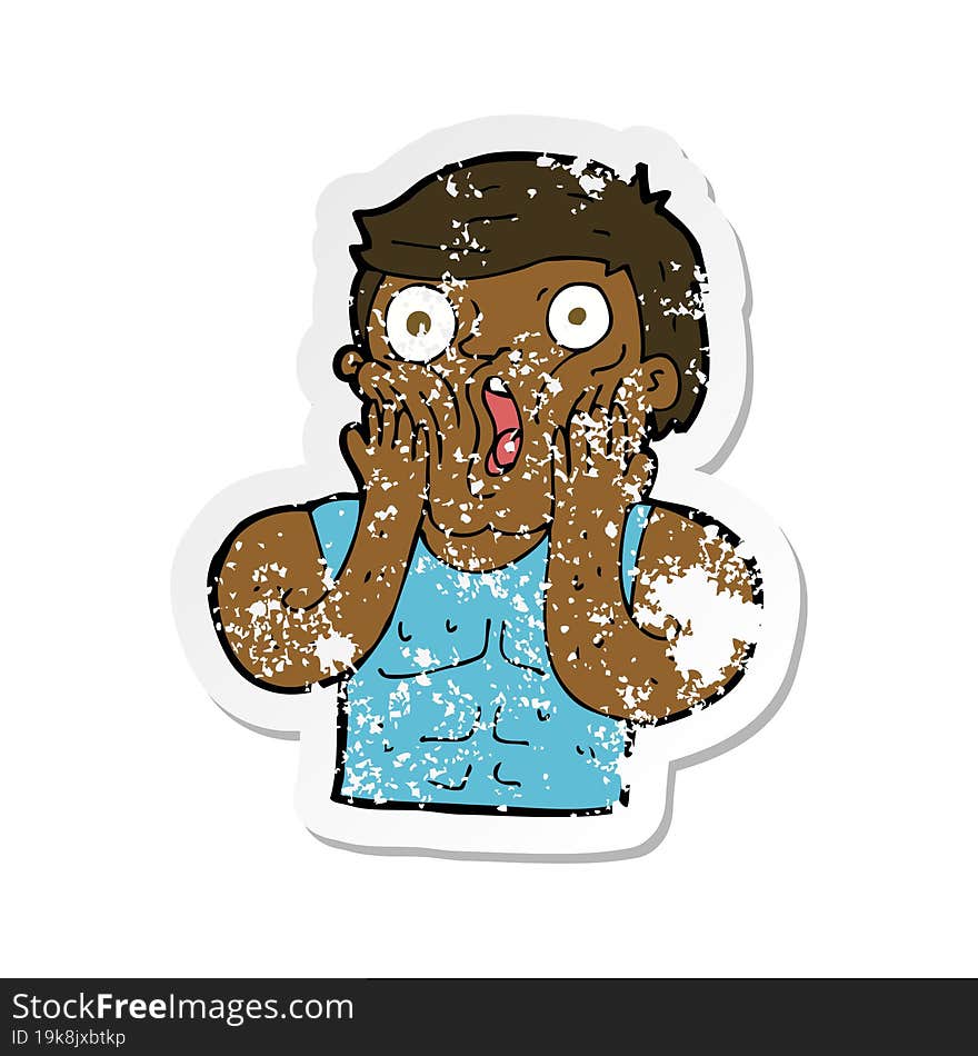 retro distressed sticker of a cartoon shocked gym man