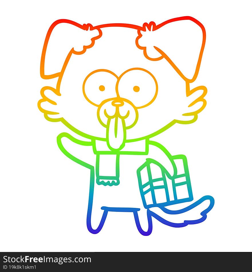 rainbow gradient line drawing of a cartoon dog with christmas present