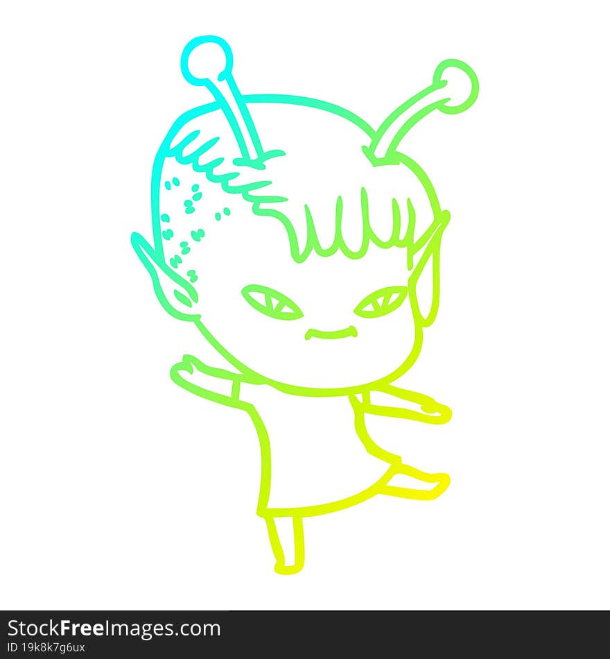 cold gradient line drawing of a cute cartoon alien girl