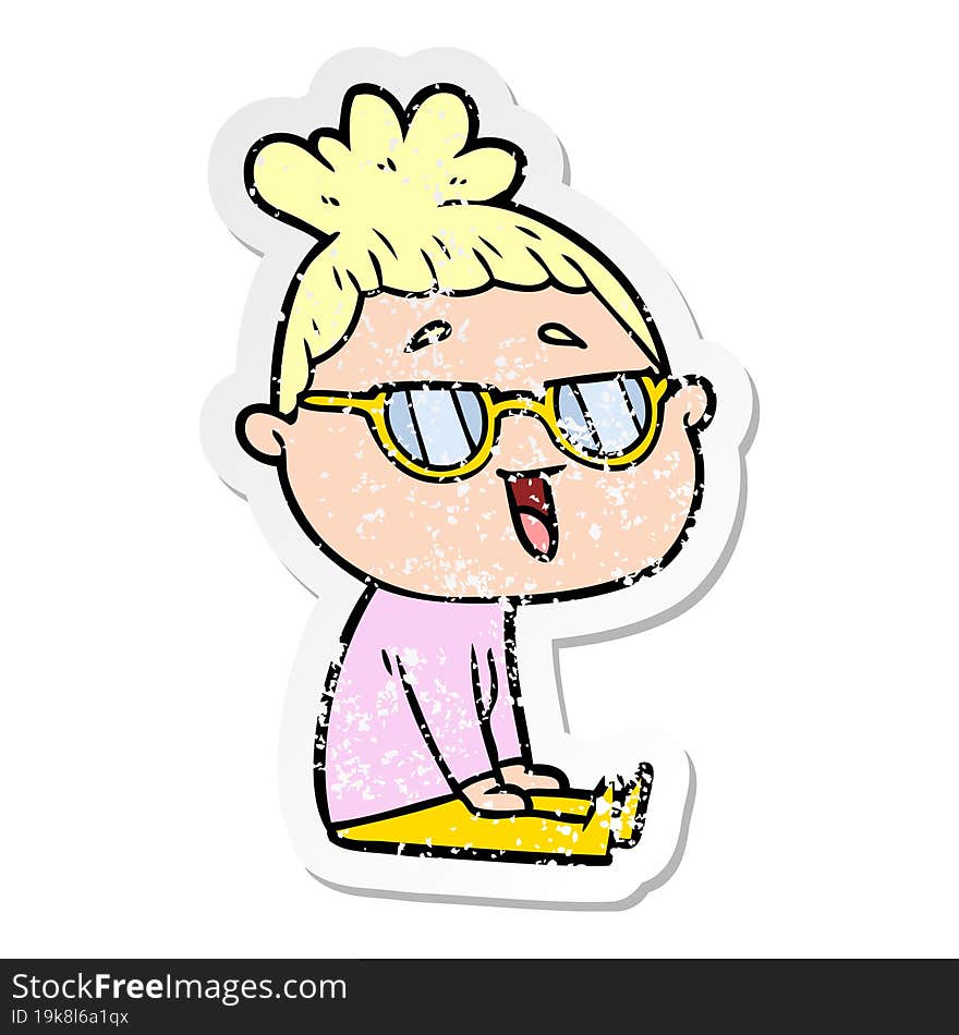 distressed sticker of a cartoon happy woman wearing spectacles