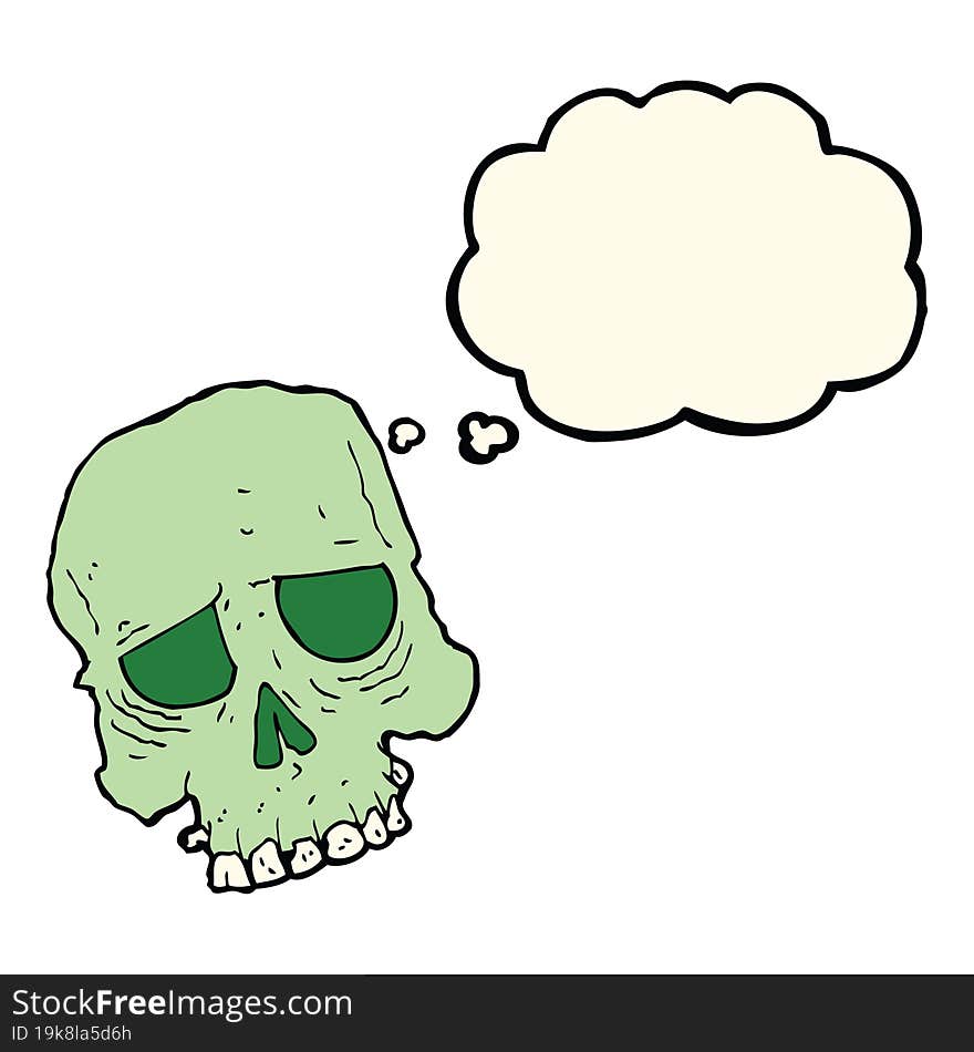 cartoon spooky skull with thought bubble