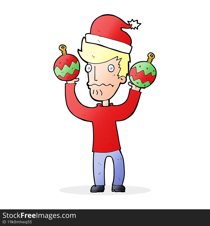 cartoon man with christmas baubles