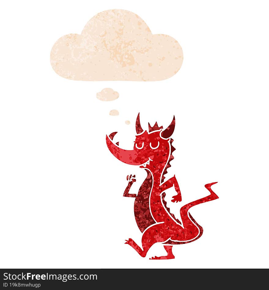 cartoon cute dragon with thought bubble in grunge distressed retro textured style. cartoon cute dragon with thought bubble in grunge distressed retro textured style