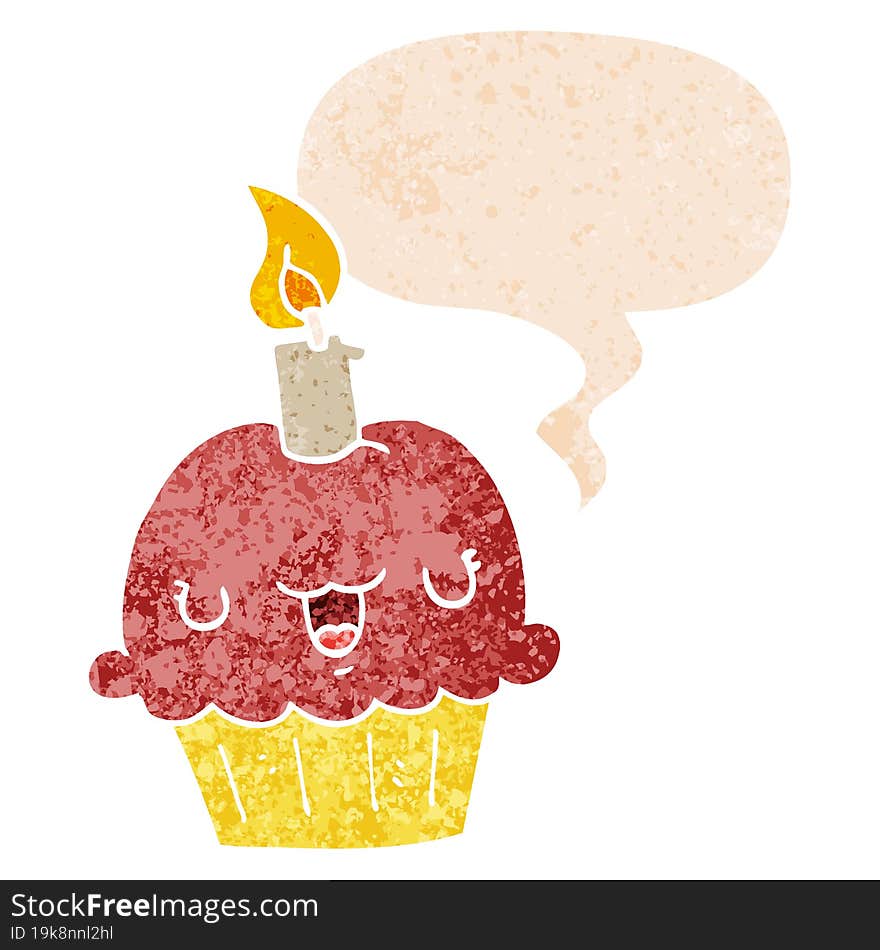 cartoon cupcake and speech bubble in retro textured style