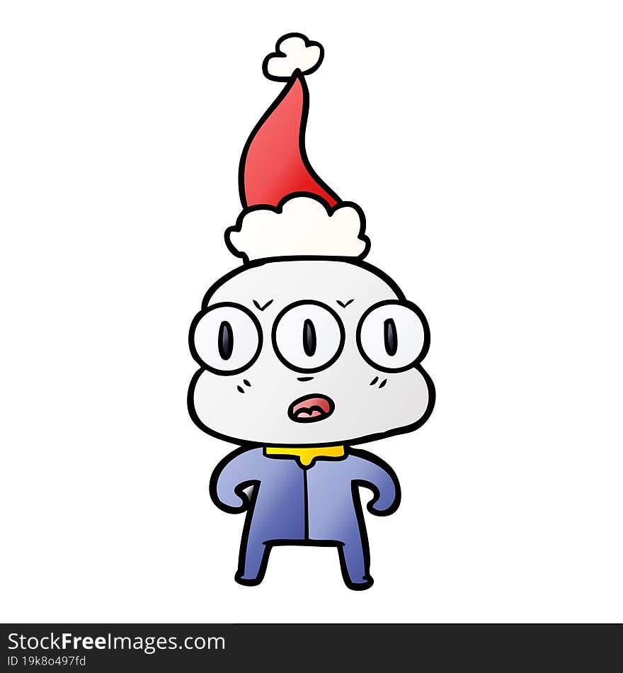 gradient cartoon of a three eyed alien wearing santa hat