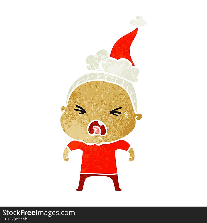 retro cartoon of a angry old woman wearing santa hat