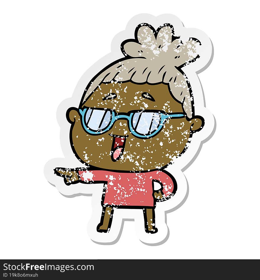 distressed sticker of a cartoon happy woman wearing spectacles