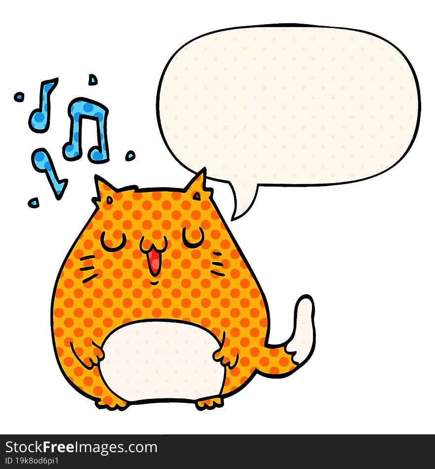 cartoon cat singing and speech bubble in comic book style