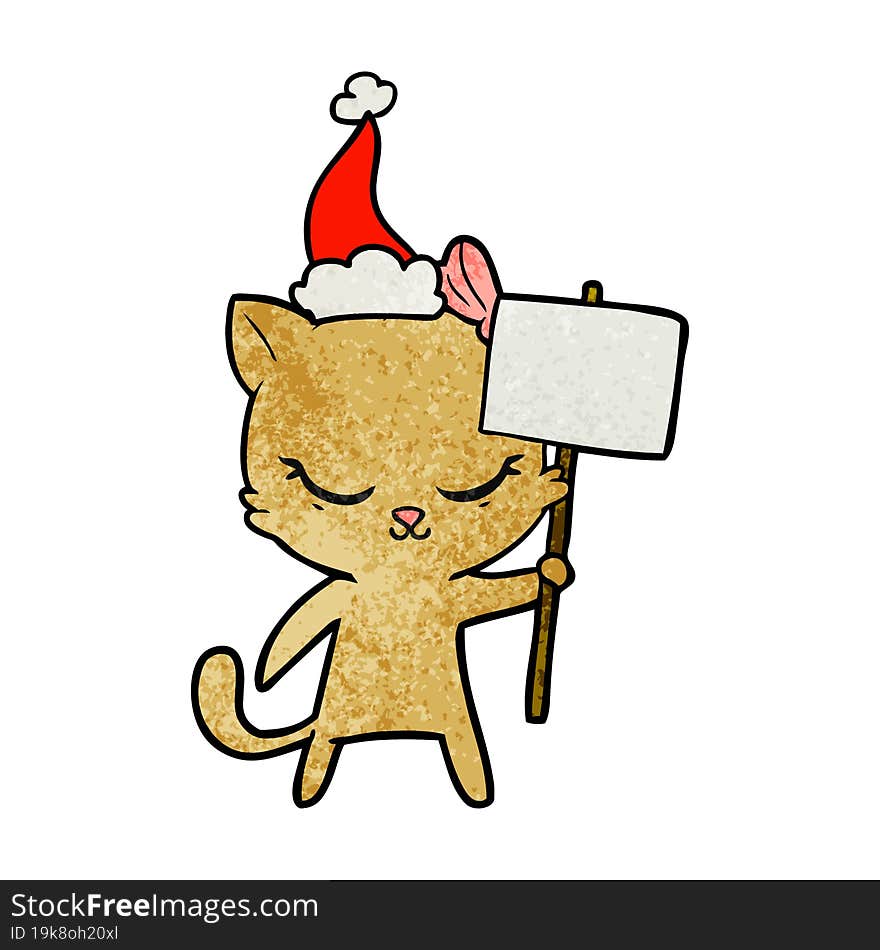 cute textured cartoon of a cat with sign wearing santa hat