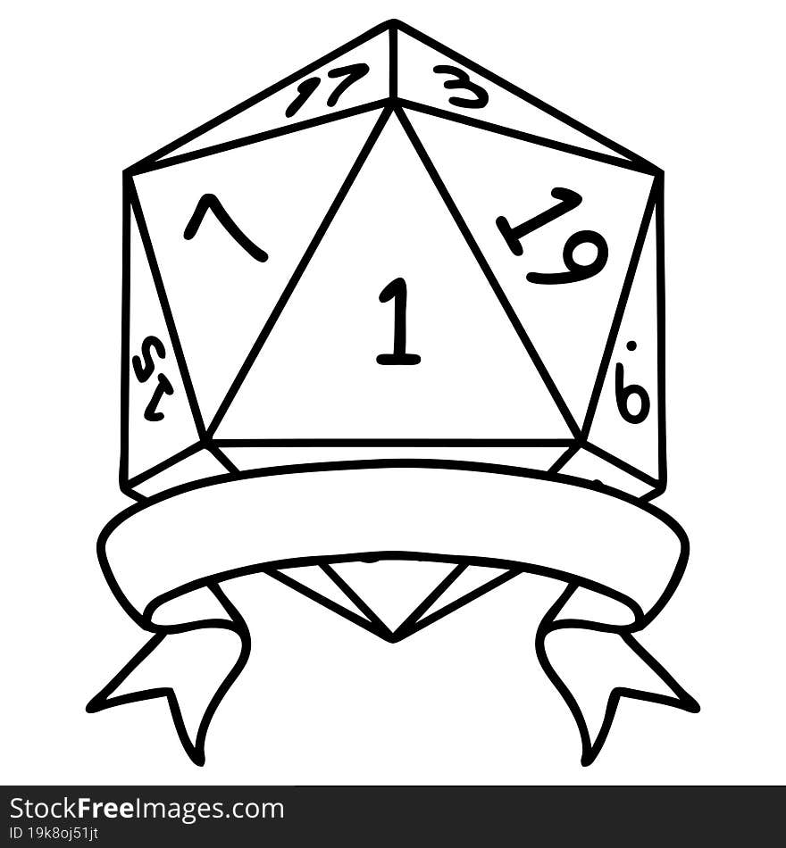 Black and White Tattoo linework Style natural one d20 dice roll. Black and White Tattoo linework Style natural one d20 dice roll