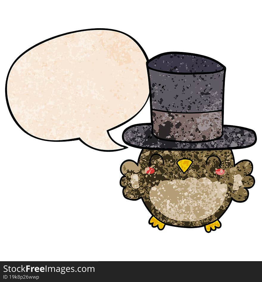 Cartoon Owl Wearing Top Hat And Speech Bubble In Retro Texture Style