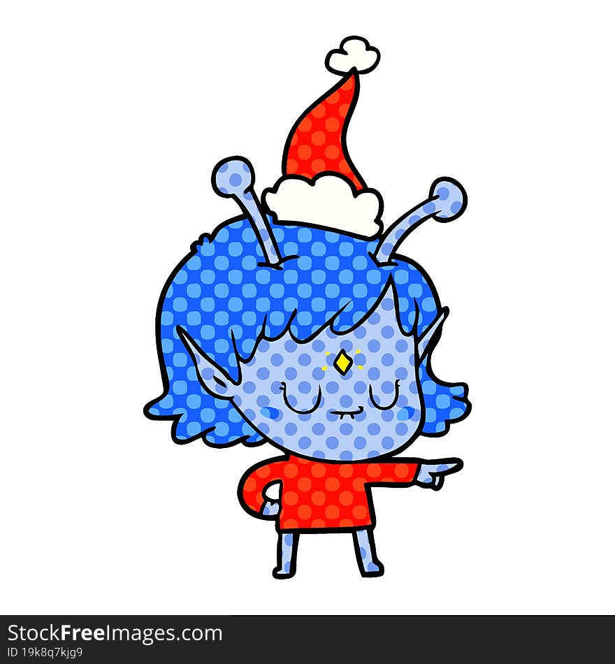 Comic Book Style Illustration Of A Alien Girl Wearing Santa Hat