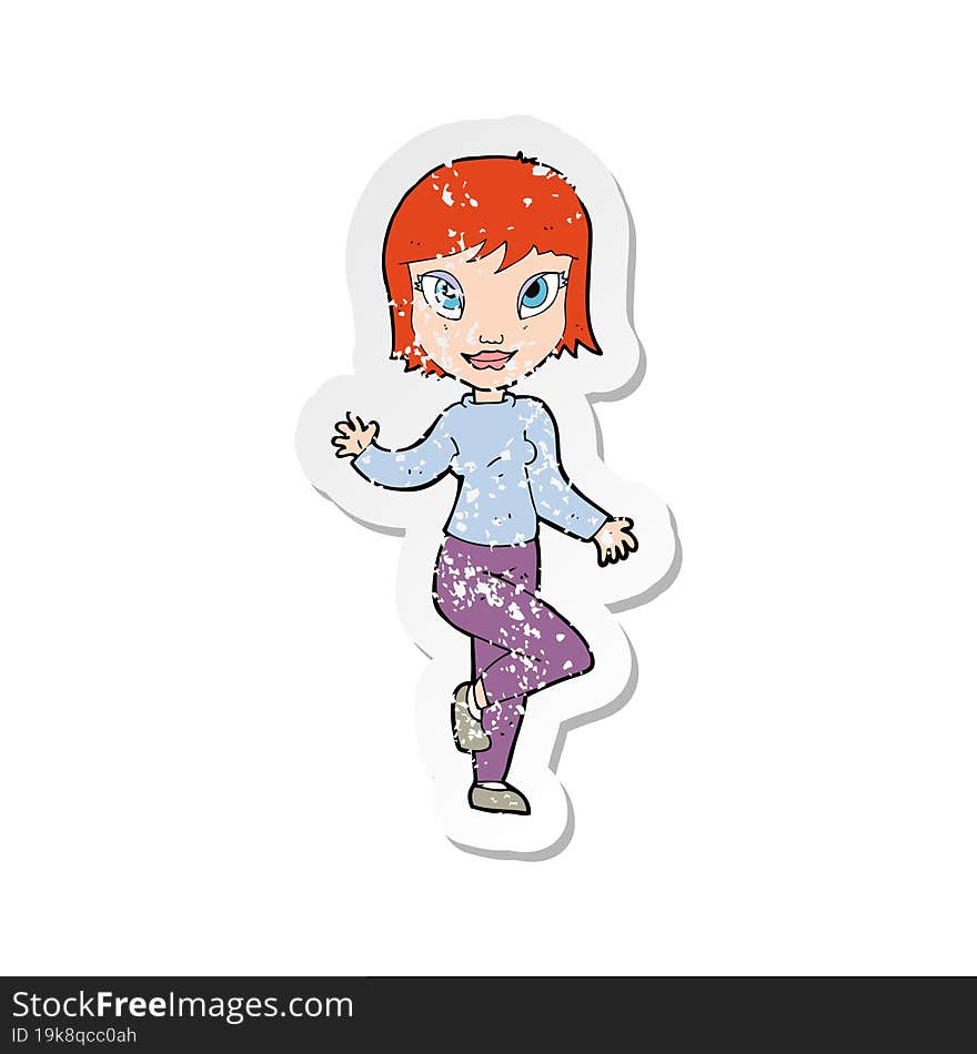 Retro Distressed Sticker Of A Cartoon Pretty Woman Waving