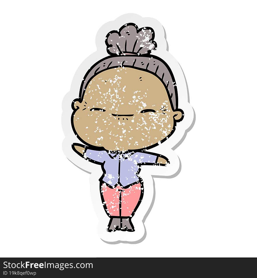 Distressed Sticker Of A Cartoon Peaceful Old Woman