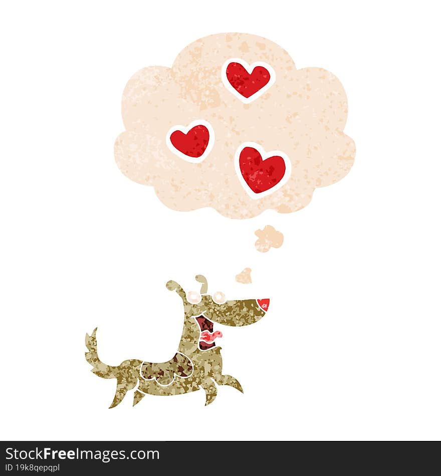 cartoon dog with love hearts with thought bubble in grunge distressed retro textured style. cartoon dog with love hearts with thought bubble in grunge distressed retro textured style