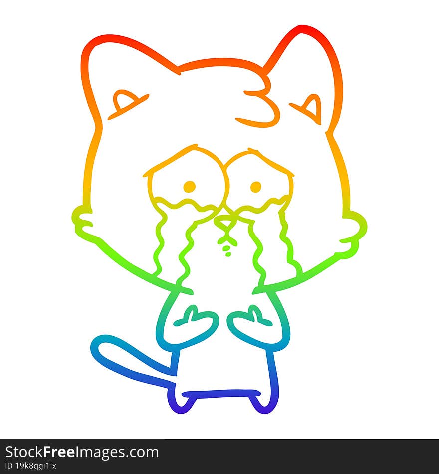 rainbow gradient line drawing of a cat crying cartoon