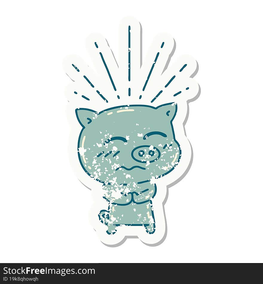 grunge sticker of tattoo style nervous pig character