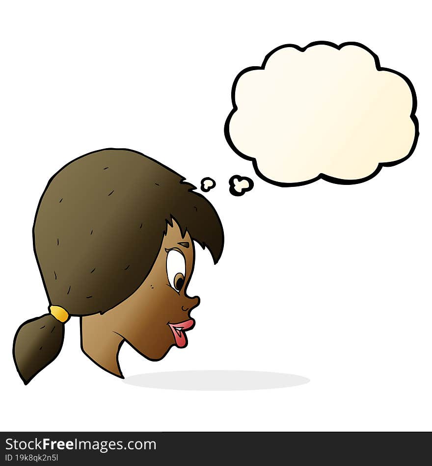 cartoon pretty female face with thought bubble