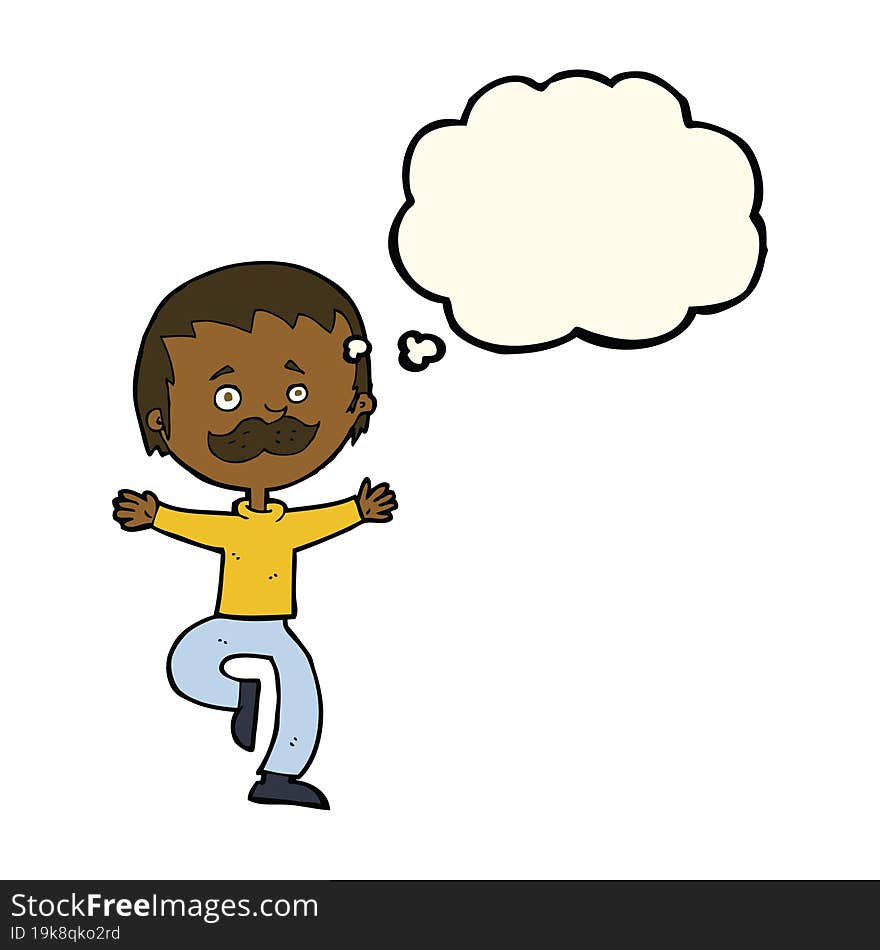 cartoon dancing man with mustache with thought bubble