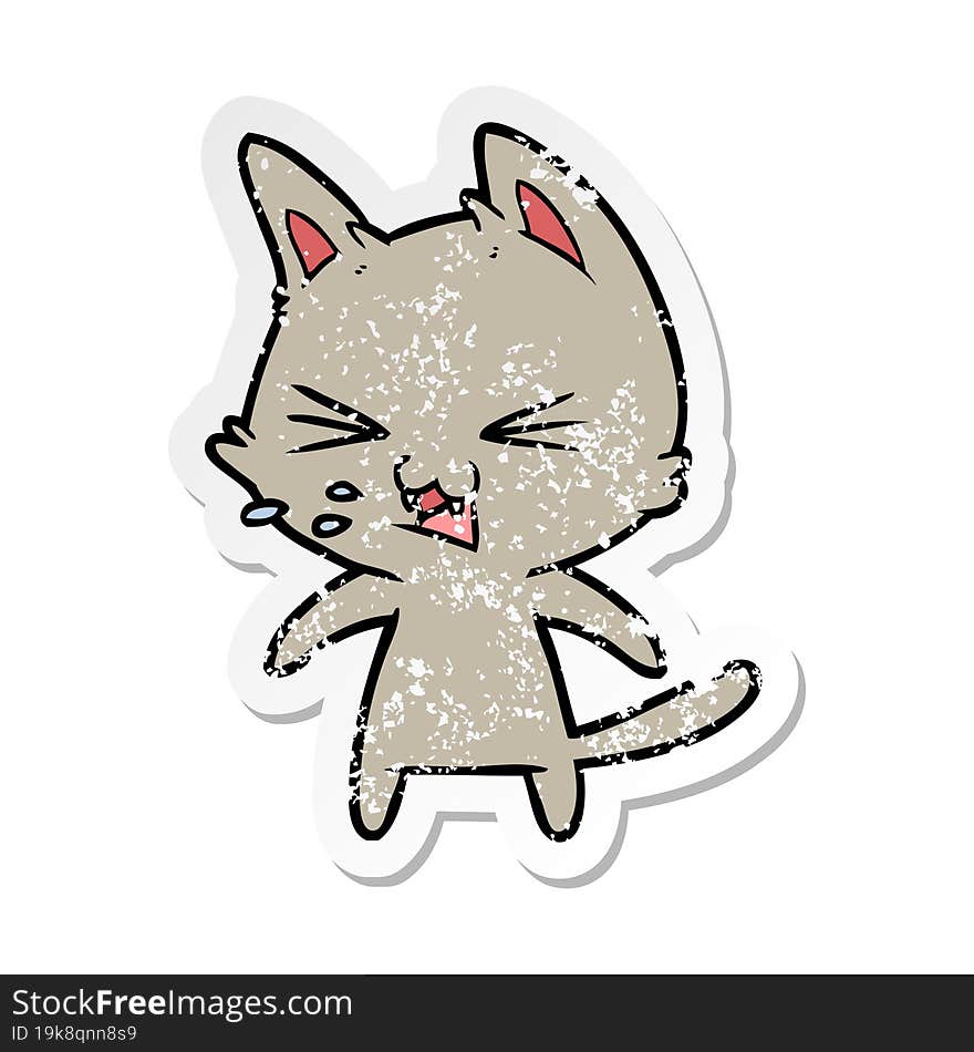 distressed sticker of a cartoon cat hissing