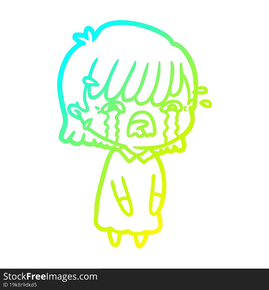 cold gradient line drawing of a cartoon girl crying