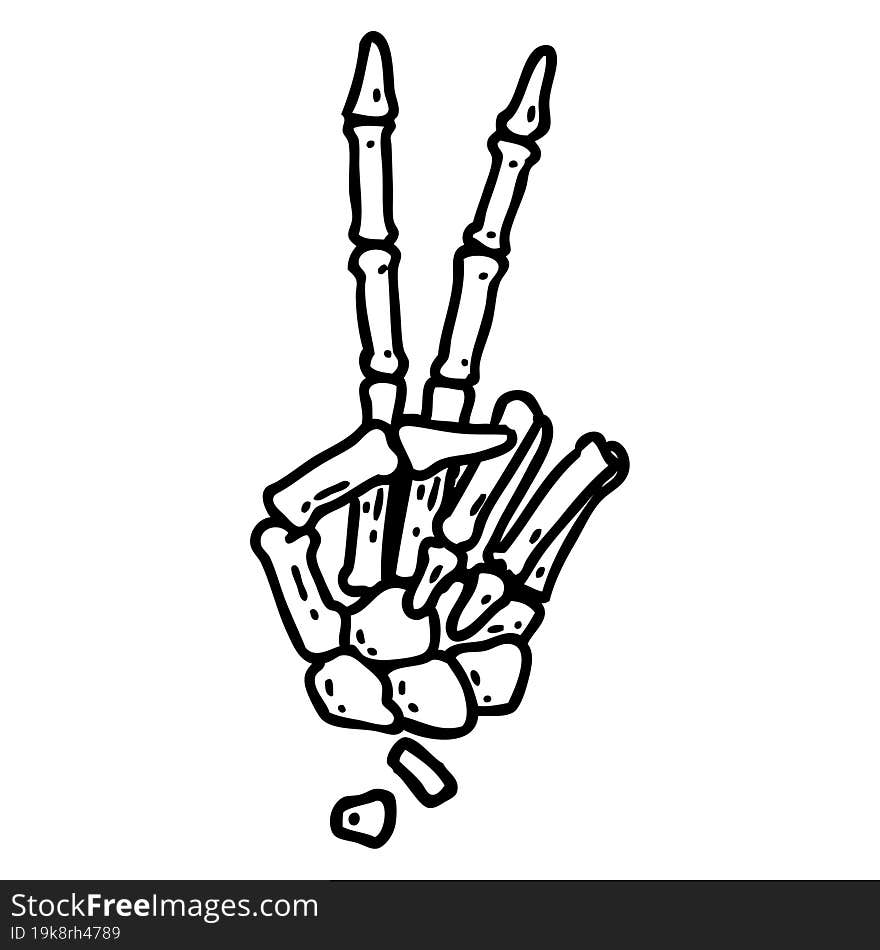 black line tattoo of a skeleton hand giving a peace sign