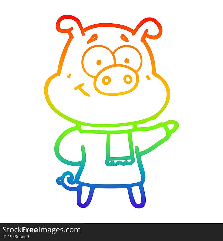 rainbow gradient line drawing of a happy cartoon pig wearing rainbow clothes