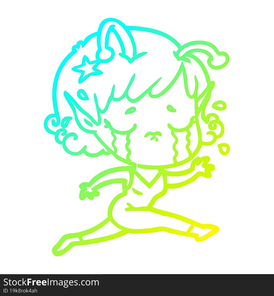 cold gradient line drawing cartoon crying alien girl