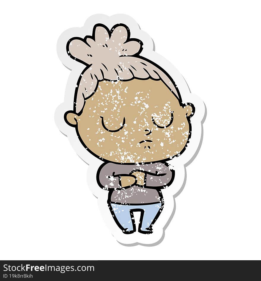 Distressed Sticker Of A Cartoon Calm Woman