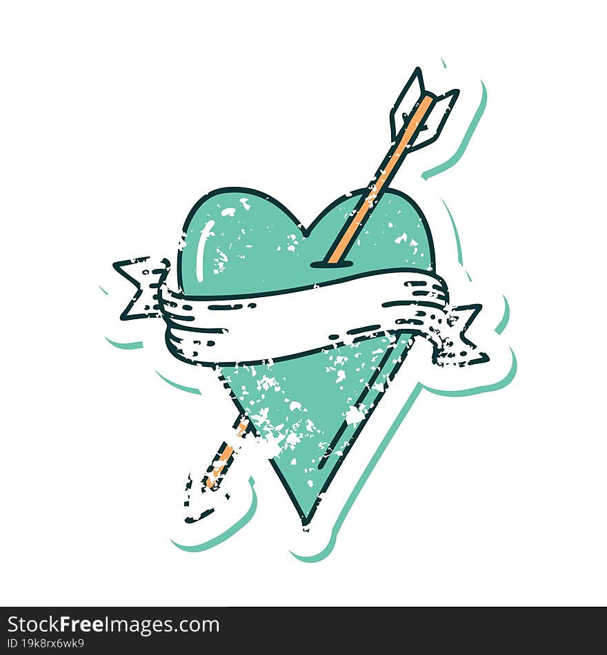 Distressed Sticker Tattoo Style Icon Of An Arrow Heart And Banner