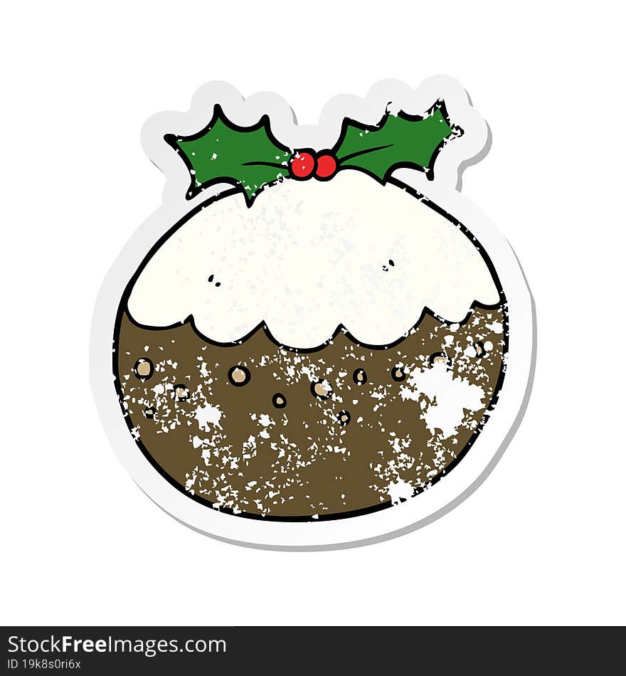 distressed sticker of a cartoon christmas pudding