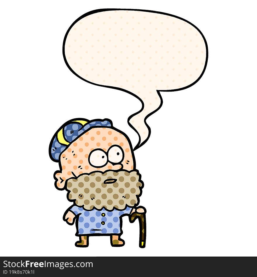 old cartoon man with walking stick and flat cap with speech bubble in comic book style. old cartoon man with walking stick and flat cap with speech bubble in comic book style