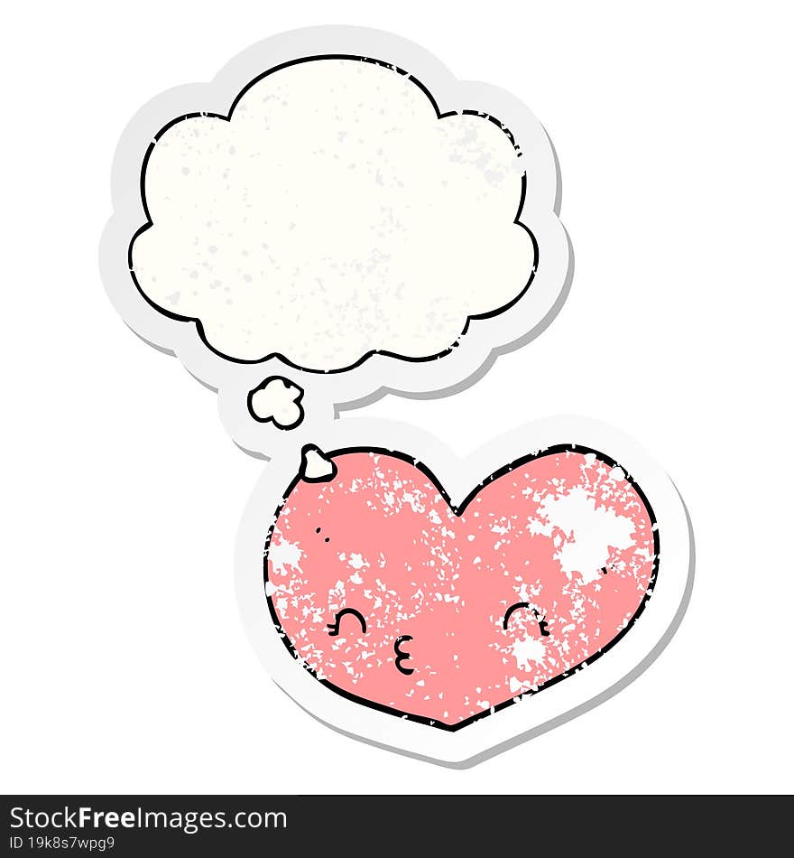 cartoon heart with face with thought bubble as a distressed worn sticker